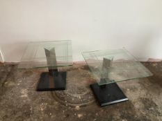 A pair of modern lamp tables, with square glass etched tops, on triangular mirrored stems and square