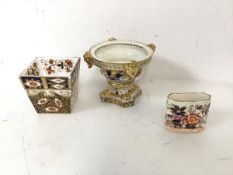 A collection of Imari palette items including an early 19thc Royal Crown Derby pot pourri footed