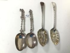 A pair of 1809 London silver serving spoons (22cm) (combined: 122.35g) and two white metal spoons,