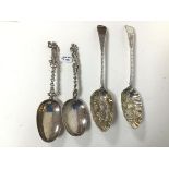 A pair of 1809 London silver serving spoons (22cm) (combined: 122.35g) and two white metal spoons,