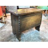 A Gloria Reproductions oak workbox, the lid with moulded sides, trefoil piercings to side of base,