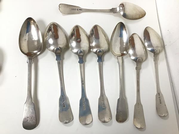 A set of eight Glasgow silver 1827 spoons, stamped DCR and initial A to stem (23cm) (combined: