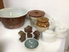 A group of ceramics including a glazed stoneware bowl (18cm x 39cm), a Buttercup Dairy Company