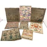 A group of 19th century and later needlework samplers, each mounted on board or stretcher