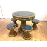A Chinese glazed terracotta table and four matching stools, manufactured by Jinlong, 20th century,