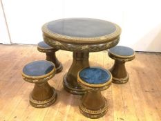 A Chinese glazed terracotta table and four matching stools, manufactured by Jinlong, 20th century,