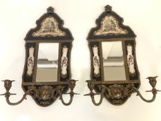 A pair of cast brass and porcelain appliques in the Louis XVI style, modern, each with bevelled