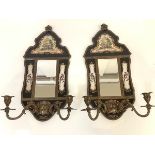 A pair of cast brass and porcelain appliques in the Louis XVI style, modern, each with bevelled