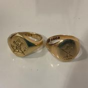 Two 18ct gold signet rings: the first hallmarked for London 1925, the oval plaque engraved with an