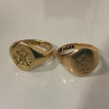 Two 18ct gold signet rings: the first hallmarked for London 1925, the oval plaque engraved with an