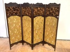 An Aesthetic Movement walnut-framed four-fold screen, c. 1890, each with shell and scroll crest,