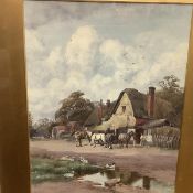 Henry Sykes (British, 1855-1921), Cart Horses by a Cottage, signed lower left, watercolour,