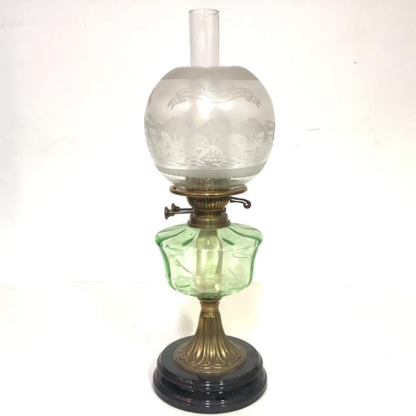 The Forth Rail Bridge: a 19th century brass and glass oil lamp with an unusual commemorative