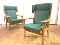 Hans Wegner, a pair of high back easy chairs, model GE-181, for Getama (Denmark), each pale oak