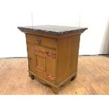 An Arts & Crafts style painted oak cabinet, with marble top (lacking gallery), frieze drawer and