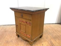 An Arts & Crafts style painted oak cabinet, with marble top (lacking gallery), frieze drawer and