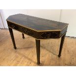 A modern black and gilt-lacquered side table, the breakfront top decorated with Chinoiserie scenes