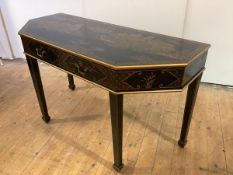 A modern black and gilt-lacquered side table, the breakfront top decorated with Chinoiserie scenes