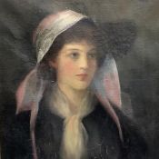British School, early 20th Century, Portrait of a Young Woman in a White Cap, signed indistinctly