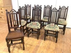 A set of eight oak dining chairs, seven in 17th century style and of traditional pegged