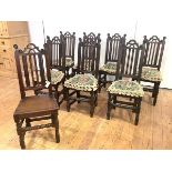 A set of eight oak dining chairs, seven in 17th century style and of traditional pegged