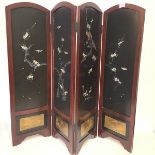 A Chinese mother of pearl and abalone mounted table screen, of four leaves, painted and applied with