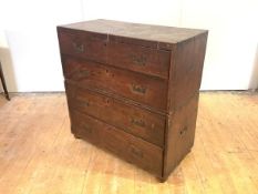 A mahogany campaign chest, first half of the 19th century, made in two sections with recessed