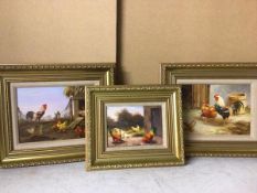 Kerekes, Chickens, oil (16cm x 22cm) and another, Chickens, possibly initialled K.A. and a third,