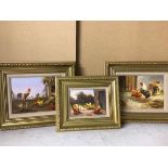 Kerekes, Chickens, oil (16cm x 22cm) and another, Chickens, possibly initialled K.A. and a third,