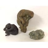 A carved hardstone figure of a Baboon (26cm), a Frog and a moulded sculpture of a Seated Female