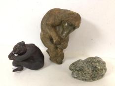 A carved hardstone figure of a Baboon (26cm), a Frog and a moulded sculpture of a Seated Female