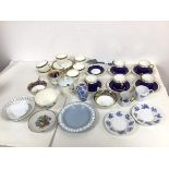A mixed lot of china including a set of five Aynsley demi tasse cups with gilt laurel decoration,