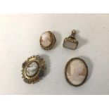 A collection of shell cameo brooches in gilt metal mounts (largest: 4.5cm x 3.5cm) and a gilt