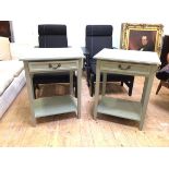 A pair of lamp tables, the rectangular top with moulded edge above a single frieze drawer, on