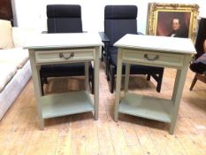 A pair of lamp tables, the rectangular top with moulded edge above a single frieze drawer, on
