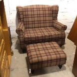 A Next Furniture love seat and footstool, love seat with wing back and scroll arms, in tartan