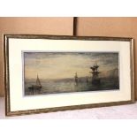 19thc School, Ships at Anchor near Coast, watercolour (18cm x 44cm)