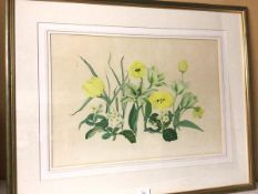 Elspeth Harrigan, Yellow Tulips and Polyanthus, watercolour, signed bottom right, paper labels