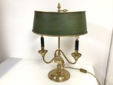 A brass Bouillotte table lamp with painted metal shade, scroll arms and circular base (55cm x 40cm x