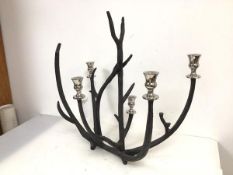 A modern metal candelabra of naturalistic form with five candleholders (51cm x 58cm x 30cm)