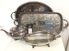 An assortment of Epns including teapot, footed two handled bowl and two drinks trays (teapot: