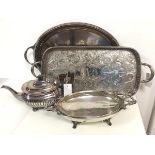 An assortment of Epns including teapot, footed two handled bowl and two drinks trays (teapot: