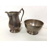 A white metal jug with handle and a footed bowl, both marked silver, with other markings (jug: 14cm)