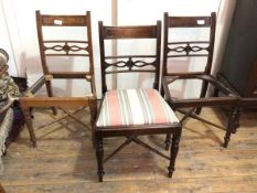 Three Scottish Regency side chairs, one with drop in upholstered seat, the other two lacking, on