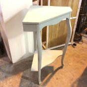 A corner table with cabriole supports united by undertier, painted in an eggshell blue (88cm x