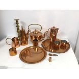 An assortment of copper and brass including a Swedish Ystad- metall coffee pot with copper