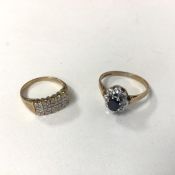 A 9ct gold diamond cluster ring, set central blue stone in claw setting (O) and another gold ring