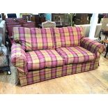 A John Lewis two seater sofa in plaid upholstery with scrolled arms (87cm x 200cm x 95cm)