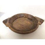 A rustic treen hardwood work/serving bowl with triangular handles to sides (7cm x 55cm x 40cm)