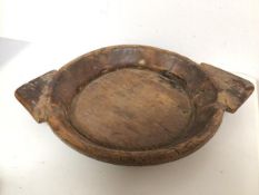 A rustic treen hardwood work/serving bowl with triangular handles to sides (7cm x 55cm x 40cm)